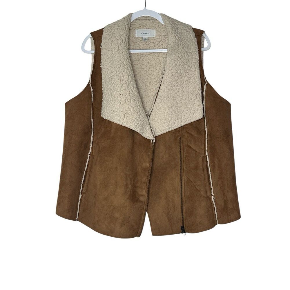 Caslon Vest Women 1XFaux Suede Open Front Sherpa Tan Cowgirl Rodeo Horse Outdoor